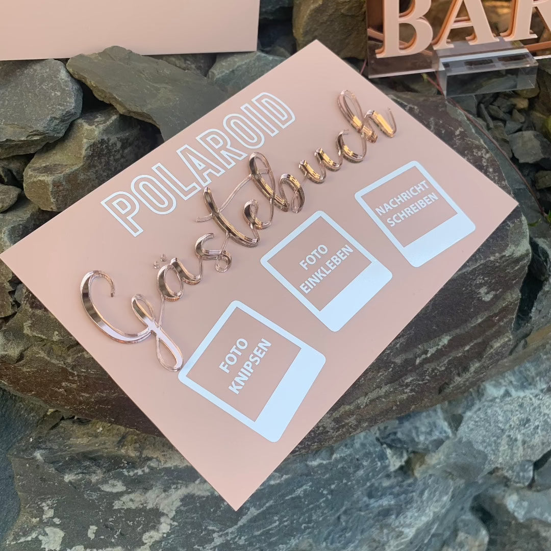 Gästebuch Schild mit 3D-Text Stil Polaroid in nude-rosa