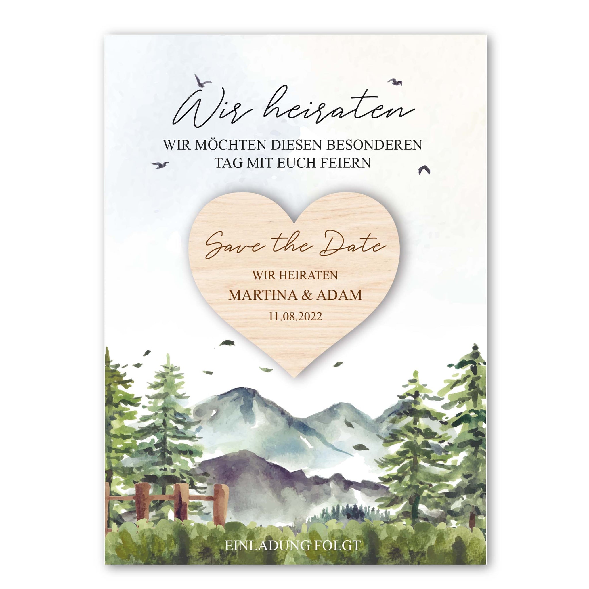 Save the Date Holzmagnet-Herz inkl. Karte "Berge"